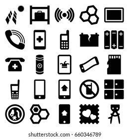 Cell icons set. set of 25 cell filled icons such as no phone, luggage storage, hair removal, honey, poker on phone, phone, photo with heart, tablet, call, battery, memory card
