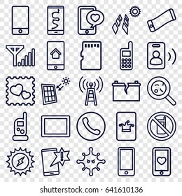 Cell icons set. set of 25 cell outline icons such as no phone, baby monitor phone, bacteria, heart mobile, photo with heart, tablet, memory card, solar panel, broken battery