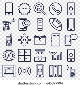 Cell icons set. set of 25 cell outline icons such as luggage storage, hair removal, bacteria, heart mobile, phone with heart, phone, call, battery, memory card, solar panel