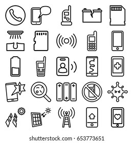 Cell icons set. set of 25 cell outline icons such as no phone, baby monitor phone, hair removal, phone, bacteria, heart mobile, memory card, solar panel, broken battery, call