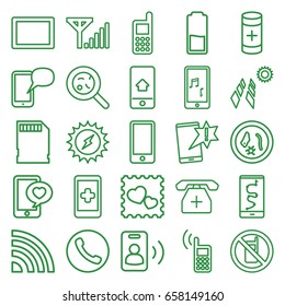 Cell icons set. set of 25 cell outline icons such as no phone, phone, bacteria, photo with heart, phone with heart, tablet, battery, memory card, call, mobile signal