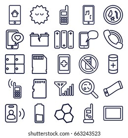 Cell icons set. set of 25 cell outline icons such as no phone, luggage storage, baby monitor phone, bacteria, phone with heart, tablet, call, battery, memory card