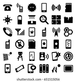 Cell icons set. set of 36 cell filled icons such as no phone, luggage storage, hair removal, honey, poker on phone, bacteria, heart mobile, tablet, call, memory card
