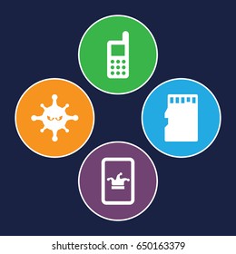 Cell icons set. set of 4 cell filled icons such as poker on phone, phone, bacteria