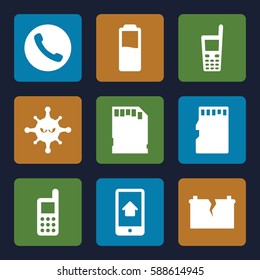 cell icons set. Set of 9 cell filled icons such as phone, bacteria, old phone, memory card, home on phone display, broken battery, battery