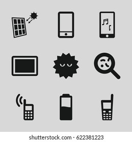 Cell icons set. set of 9 cell filled icons such as bacteria, phone, tablet, old phone, mobile phone music, solar panel