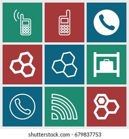 Cell icons set. set of 9 cell filled and outline icons such as luggage storage, honey, call, phone, chemical structure