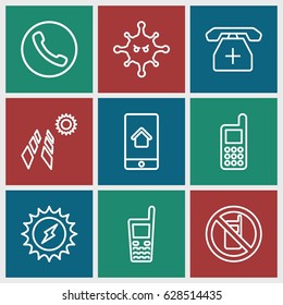Cell icons set. set of 9 cell outline icons such as no phone, phone, bacteria, solar panel, solar energy