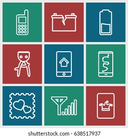 Cell icons set. set of 9 cell outline icons such as hair removal, poker on phone, phone, photo with heart, broken battery, mobile signal