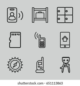 Cell icons set. set of 9 cell outline icons such as luggage storage, baby monitor phone, hair removal, memory card, home on phone display, phone, call