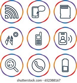 Cell icons set. set of 9 cell outline icons such as phone, bacteria, memory card, call, message on phone, battery, solar panel