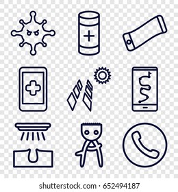 Cell icons set. set of 9 cell outline icons such as hair removal, bacteria, battery, solar panel, wavy phone, route and phone, hand on smartphone