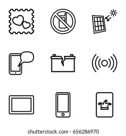 Cell icons set. set of 9 cell outline icons such as no phone, poker on phone, photo with heart, tablet, solar panel, broken battery