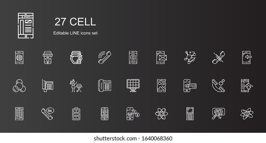 cell icons set. Collection of cell with mobile phone, atom, smartphone, battery, phone, solar panel, telephone, portable, molecule, virus, phone call. Editable and scalable cell icons.