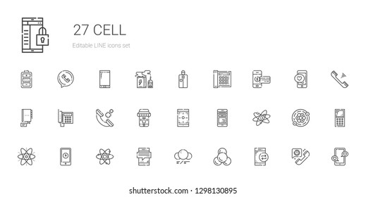 cell icons set. Collection of cell with smartphone, molecule, atom, mobile phone, phone call, telephone, contact, portable, atoms, battery. Editable and scalable cell icons.