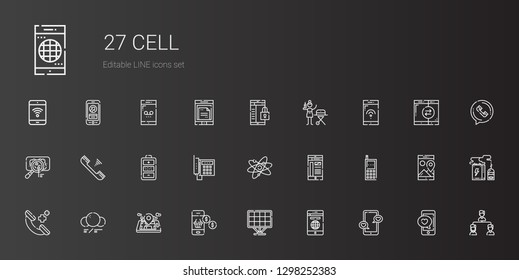 cell icons set. Collection of cell with smartphone, solar panel, mobile phone, molecule, phone call, cellphone, atom, telephone, battery, virus. Editable and scalable cell icons.