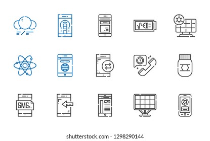 cell icons set. Collection of cell with smartphone, solar panel, honey, telephone, atom, battery, mobile phone, molecule. Editable and scalable cell icons.