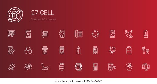 cell icons set. Collection of cell with smartphone, mobile phone, honey, molecules, atom, molecule, portable, structure, telephone, battery. Editable and scalable cell icons.