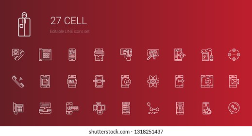 cell icons set. Collection of cell with smartphone, molecules, phone call, telephone, atom, virus, structure, battery, mobile phone, portable. Editable and scalable cell icons.