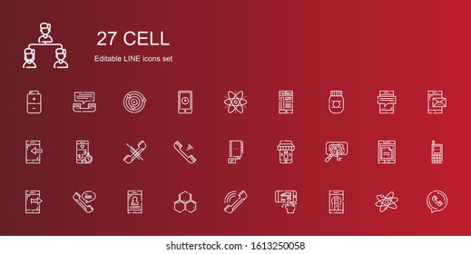 cell icons set. Collection of cell with smartphone, phone, molecule, virus, contact, telephone, honey, atom, phone call, cellphone, atoms, battery. Editable and scalable cell icons.