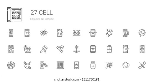 cell icons set. Collection of cell with virus, honey, smartphone, jail, phone call, atoms, battery, mobile phone, panels, phone, solar panel. Editable and scalable cell icons.