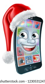 A cell or mobile phone Christmas mascot cartoon character with a Santa Claus hat on