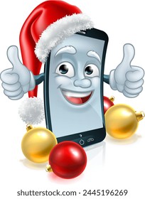 A cell or mobile phone Christmas mascot cartoon character giving a double thumbs up with a Santa Claus hat on and gold and red bauble balls ornament decorations