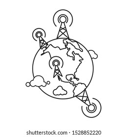 Cell or or mobile towers and globe illustration. Outline thin line style. 
