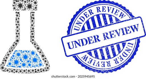 Zellenmosaik geschlossen Retortensymbol und Grunge UNTER REVIEW-Siegel. Geschlossenes Retorte-Mosaik für pandemische Bilder und Gummi rund blaues Stempelsiegel. Vektormosaik ist mit verstreuten Coronavirus-Gegenständen organisiert.