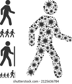 Cell mosaic pedestrian man icon, and additional icons. Pedestrian man mosaic for epidemic templates. Vector mosaic is designed with randomized infection parts.
