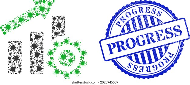 Cell mosaic progress chart settings icon, and grunge PROGRESS stamp. Progress chart settings collage for isolation templates, and grunge round blue stamp seal.