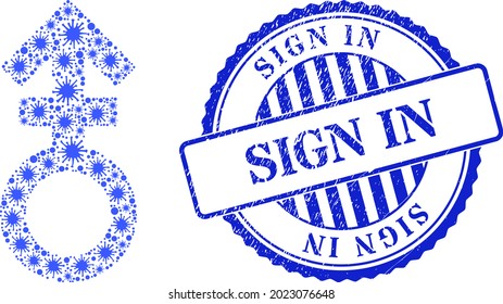 Cell mosaic third gender symbol icon, and grunge SIGN IN seal stamp. Third gender symbol collage for isolation images, and scratched round blue seal imitation.