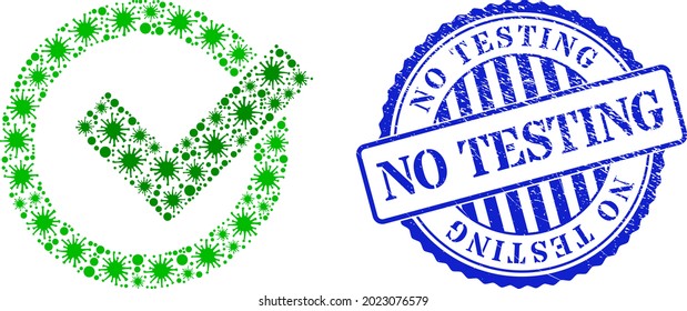 Icono de validación de mosaico de celda y sello de sello NO TESTING de grunge. Mosaico de validación para plantillas de aislamiento e impresión de sello azul redondo. El mosaico vectorial está diseñado con elementos celulares aleatorizados.