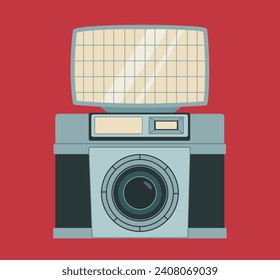 Cell old style camera concept. Retro equipment for taking photos. Vintage element with light. Back to 80s and 90s. Poster or banner. Cartoon flat vector illustration isolated on red background