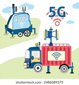 Cell On Wheel (cow car) - COW Mobile Trailer Tower. Mobile intercom signal transmission vehicle. electronic radio transceiver equipment part of a cellular network. Deployment Site-on-Wheels.