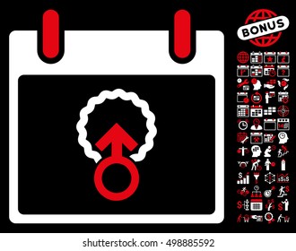 Cell Penetration Calendar Day icon with bonus calendar and time management icon set. Vector illustration style is flat iconic symbols, red and white, black background.