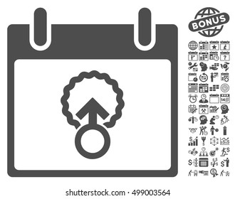 Cell Penetration Calendar Day icon with bonus calendar and time management pictures. Vector illustration style is flat iconic symbols, gray, white background.