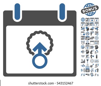 Cell Penetration Calendar Day icon with bonus calendar and time management images. Vector illustration style is flat iconic symbols, cobalt and gray, white background.