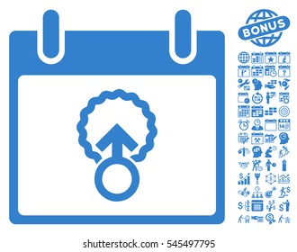 Cell Penetration Calendar Day icon with bonus calendar and time management design elements. Vector illustration style is flat iconic symbols, cobalt, white background.