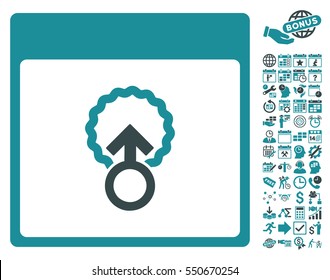 Cell Penetration Calendar Page icon with bonus calendar and time management pictograms. Vector illustration style is flat iconic symbols, soft blue, white background.