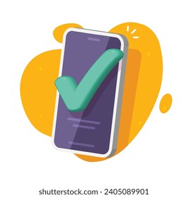 3D-Häkchen für Handy-Check-Markierungsmarke Symbol Vektorgrafik, Handy-Smartphone akzeptieren Ticketbenachrichtigung, Vereinbarung über Mobiltelefongespräche, Bestätigung der App-Aktualisierung, korrekte Bestätigung des Checklisten-Bildes