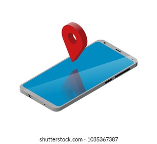 Cell phone is 3D isometric. Sign location reflected on the smartphone screen. Vector EPS solated