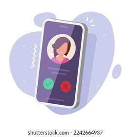 Cell phone 3d ringing call incoming vector icon or cellphone calling vibrating mobile smartphone with woman person on screen graphic illustration, perspective modern isolated cellular smart telephone