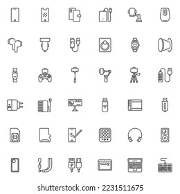 Cell phone accessories line icons set. linear style symbols collection, outline signs pack. Mobile phone essentials vector graphics. Set includes icons as smartphone screen protector, charger, gimbal