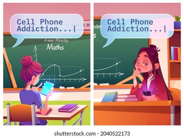 Cell phone addiction cartoon posters, boring school girl, student and young teacher sitting at desk chatting by smartphone instead of studying or teaching lesson in classroom, Vector illustration