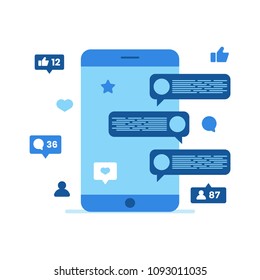 Cell phone application representing conversation and vital elements including icons of thumb up, profile image with text boxes for quest. Vector illustration isolated on white background