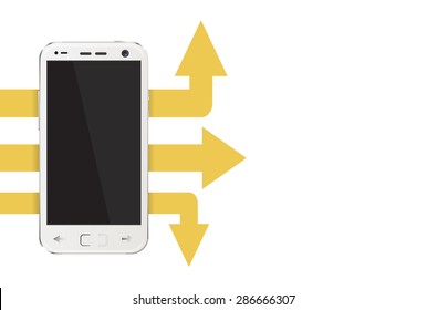 Cell phone with arrows and space for text on white backgroud
