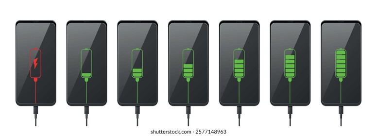 Cell phone battery charge indicator. Realistic smartphone with charging level, full, low and empty energy, accumulator status progress, mobile technology, voltage interface, Vector 3d concept
