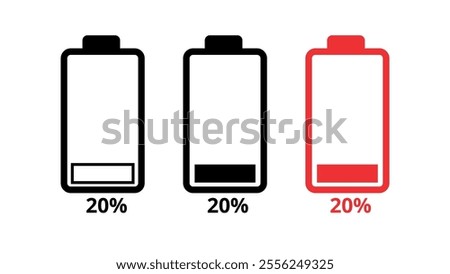 Cell phone battery icons in different models, cell phone battery charged 20%, for websites and graphic resources.