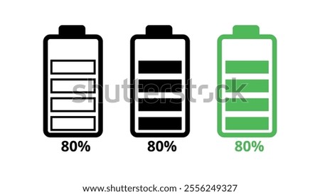 Cell phone battery icons in different models, cell phone battery charged 80%, for websites and graphic resources.